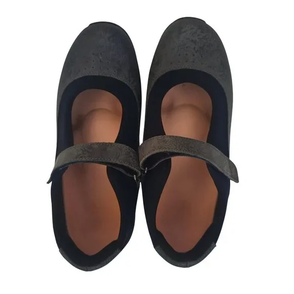 Drew Rose Black Metallic Foil Leather Hook & Loop Mary Jane Shoes Size 9W - Picture 2 of 11